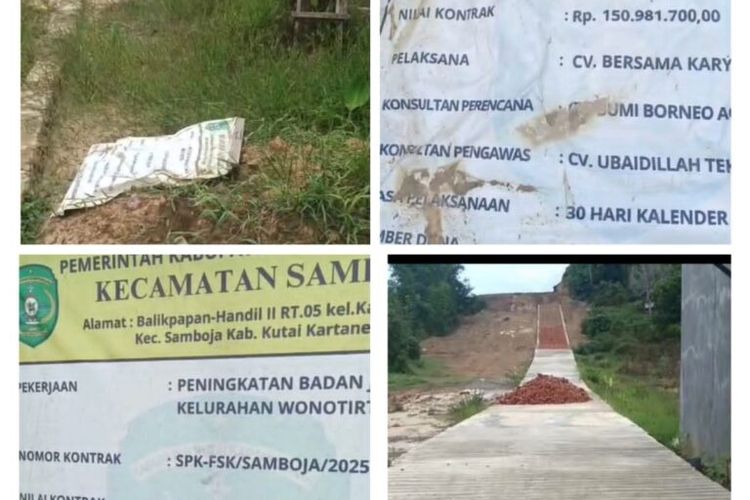 Diduga Tumpang Tindih Anggaran, Proyek Jalan di Kelurahan Wonotirto Kecamatan Samboja Menuai Pertanyaan.