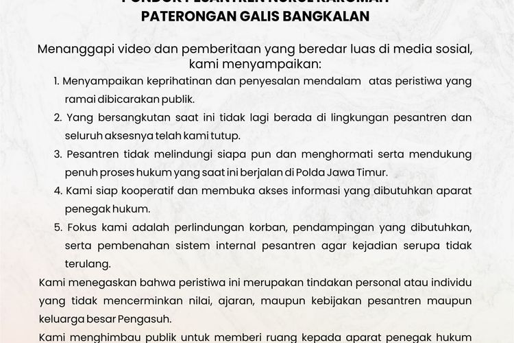 Ponpes Nurul Karomah Tegaskan Tak Lindungi Pelaku dan Dukung Penegakan Hukum