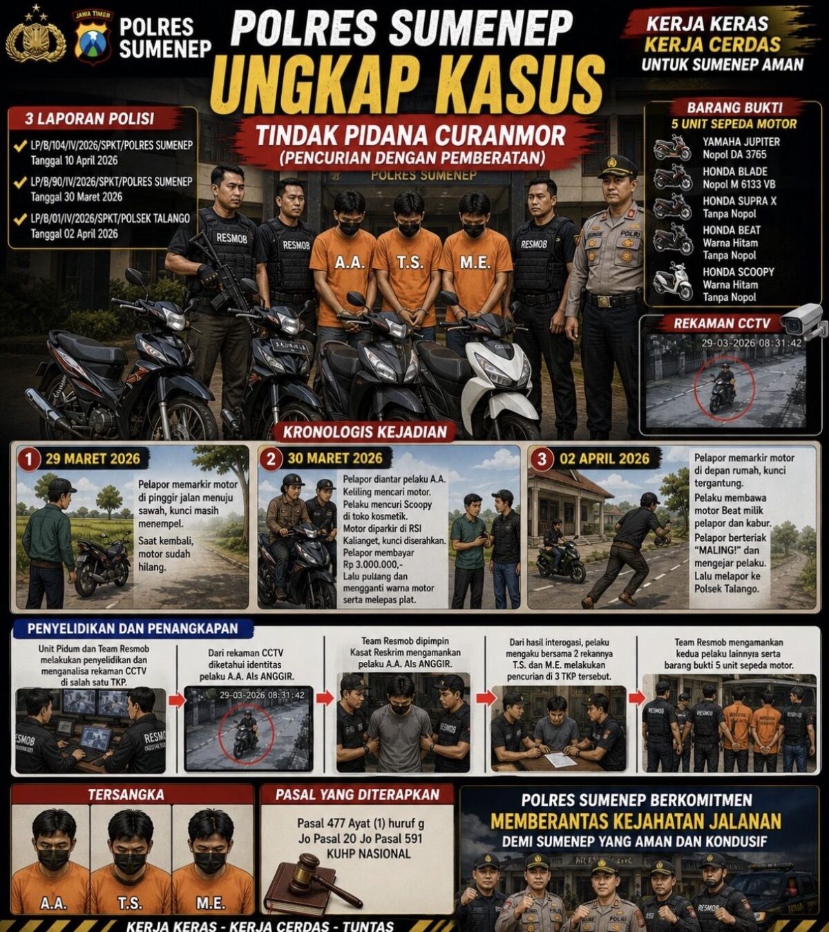 Dari Gapura ke Talango: Jejak Licin 3 Pelaku Curanmor Berakhir di Tangan Resmob
