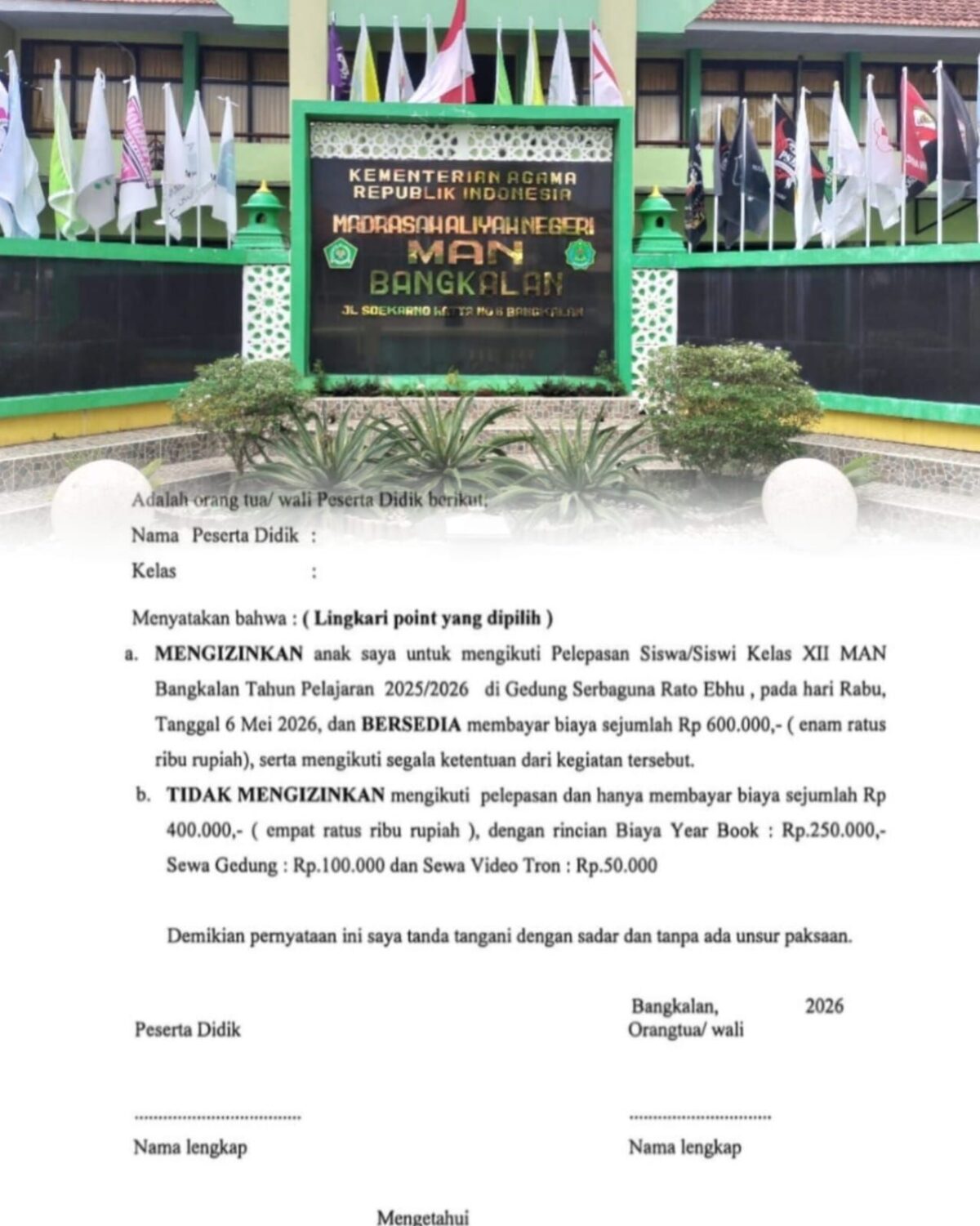 Dikemas Kesepakatan,, Polemik Biaya Wisuda di MAN 1 Bangkalan Disorot Secara Hukum.