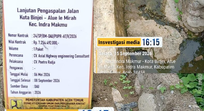 Proyek Jalan Kuta Binjei–Alue Ie Mirah Rp7,25 Miliar Disorot, Bupati dan Kadis PUPR Belum Menjawab