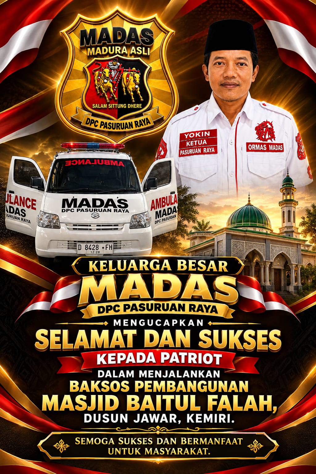 MADAS (Madura Asli Daerah Anak Serumpun) DPC Pasuruan Raya Hadir dalam Baksos Pembangunan Masjid Baitul Falah di Puspo