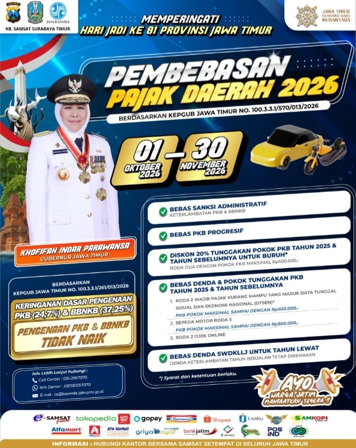 Pemprov Jatim Gelar Pemutihan Pajak Kendaraan, Berlaku hingga 30 November 2026