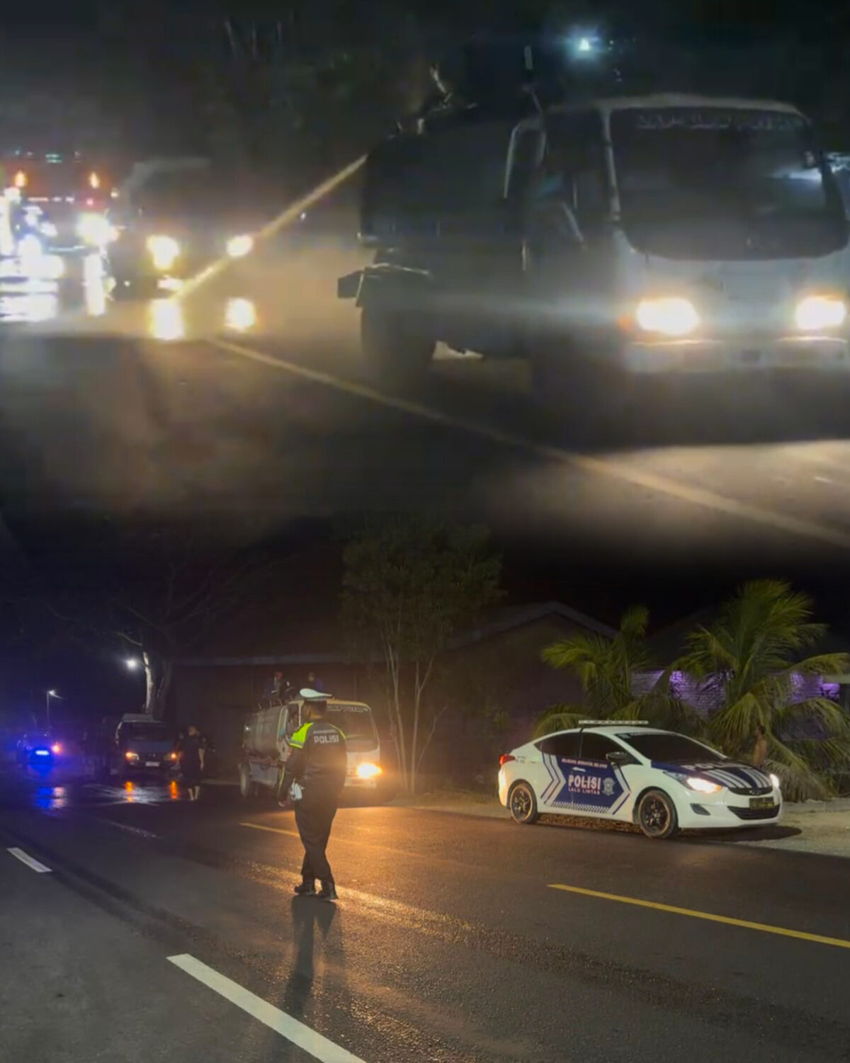Aksi Heroik Satlantas Polres Bangkalan bersama Tim Gabungan Kerahkan Dua Tangki Air Bersihkan Jalan Raya Galis.